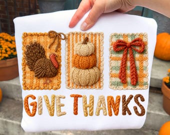 Faux Yarn Give Thanks PNG Thanksgiving Knitted Christian Whimsical Three Frames Bow Preppy Brush Stroke Fall Retro Trendy Sublimation 2025