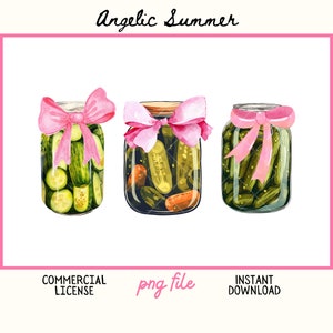 Coquette cornichons PNG vintage fichier numérique aquarelle rose noeud ruban cornichon bocal en verre fille douce PNG PNG 300 DPI