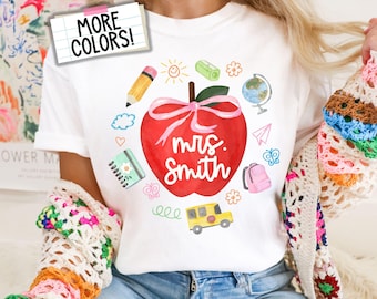 Comfort Colors® Custom Teacher-shirt Gepersonaliseerde preppy appelstrikcoquette Grillig terug naar school T-shirt Elementary Appreciation Gift