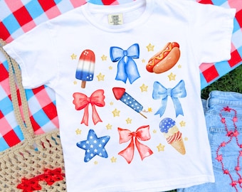 Coquette 4th of July PNG 3x3 blue red bows stars girly kid soft girl preppy patriotic independence day  trendy sublimation