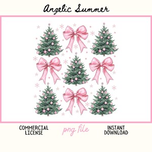 May include: A digital design featuring watercolor Christmas trees with pink ornaments and bows, along with snowflakes. The text "Angelic Summer", "Commercial License", "png file", and "Instant Download" are included.