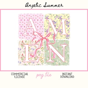 May include: A digital download of a graphic design featuring the word "AMEN" in white letters with a pink bow. Each letter is surrounded by a floral pattern in shades of pink, yellow, and green.