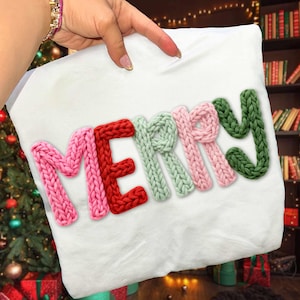 Faux Yarn Merry PNG Christmas PNG girly Trendy Preppy Knit Latch Hook Whimsical PNG Latch Hook Crochet kids 2025 Ornament