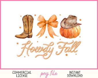 May include: Watercolor illustration with a cowboy boot, orange bow, and a pumpkin with a cowboy hat. The text "Howdy Fall" is written in orange rope-style lettering. The words "Angelic Summer", "Commercial License", "png file", and "Instant Download" are also present.