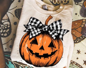 Preppy Halloween Pumpkin PNG Retro Coquette Checkered Gingham Bow Jack o Lantern Png Girl Retro Fall PNG Spooky Season Digital Wall Art 2025