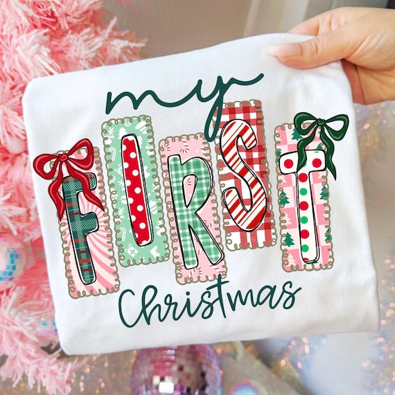 Coquette My First Christmas PNG Baby Girl Newborn Preppy Bow Retro Xmas Tree Red Pink Hand Drawn Whimsical Frame Gingham Candy Cane Doodle