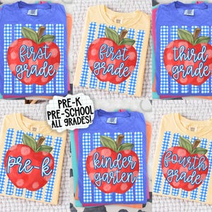May include: A collection of t-shirts featuring a red apple graphic over a blue and white gingham pattern. Each shirt displays text in blue script, including First Grade, Third Grade, Pre-K, Kindergarten, and Fourth Grade, with a central label reading PRE-K PRE-SCHOOL ALL GRADES.