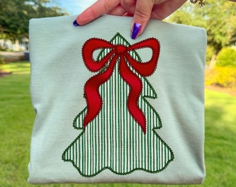 Preppy Christmas Tree PNG Seersucker Satin Red Bow Retro Png Hand Drawn Coquette Tree Design Festive Ornament Art for Holiday Project
