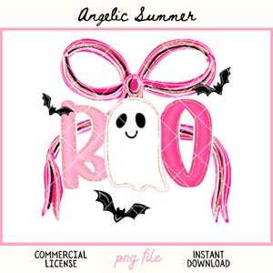 May include: A pink and white "BOO" design with a smiling ghost, black bats, and a decorative bow. The design includes the text "Angelic Summer", "Commercial License", "png file", and "Instant Download".