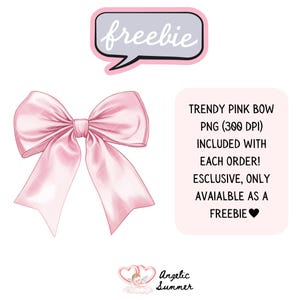 Pu&ograve; includere: Un fiocco rosa chiaro disegnato digitalmente con un aspetto strutturato. L'immagine include un fumetto rosa con la parola "freebie" e un rettangolo rosa con il testo "TRENDY PINK BOW PNG (300 DPI) INCLUDED WITH EACH ORDER!"
