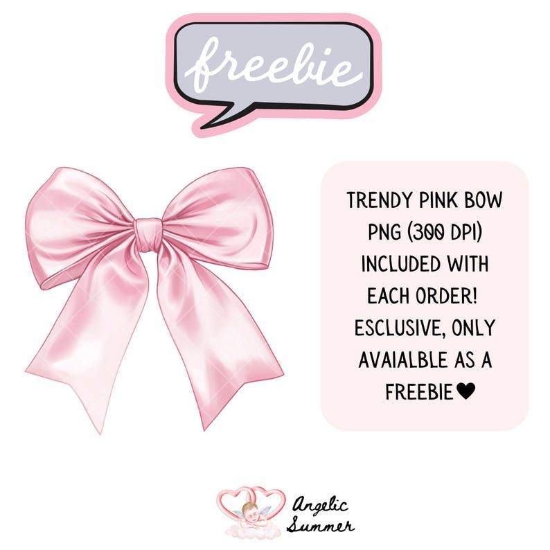 Pu&ograve; includere: Un fiocco rosa chiaro disegnato digitalmente con un aspetto strutturato. L'immagine include un fumetto rosa con la parola "freebie" e un rettangolo rosa con il testo "TRENDY PINK BOW PNG (300 DPI) INCLUDED WITH EACH ORDER!"
