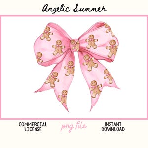 May include: A pink bow with a gingerbread man pattern. The bow is a light pink color and has a watercolor effect. The words "Angelic Summer" are at the top. The words "Commercial License", "png file", and "Instant Download" are at the bottom.