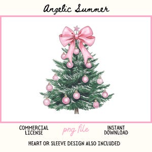 May include: A watercolor illustration of a Christmas tree decorated with pink ornaments and a large pink bow at the top. The text "Angelic Summer" is at the top, and other text at the bottom includes "Commercial License", "png file", and "Instant Download".