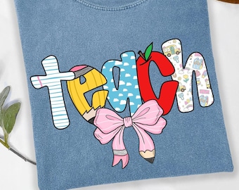 Doodle Teach PNG Colorful Preppy Coquette Pencil Bow Png Apple Doodle Trendy popular Teacher appreciation gift shirt Back to School Last day