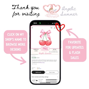 May include: A smartphone displays a cherry design with a pink bow, text that says "PNG", and the shop name "Angelic Summer". The screen also shows the text "Thank you for visiting", and "Favorite for updates & flash sales".