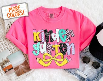 Comfort Colors® Preppy Kindergarten Teacher Shirt Coquette Teacher Shirt Elementary Retro Checkered Doodle Teacher Tee Pencil Bow Leopard