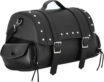 Motorcycle Saddlebag PU Leather Waterproof, Motorbike Trunk Saddle bag Huge Storage box with side pockets Black