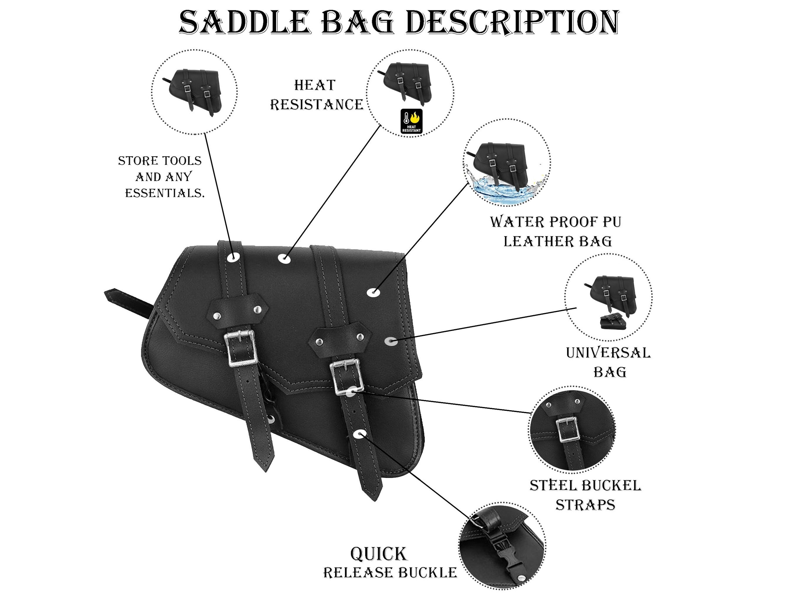 Black Motorcycle Bags Saddlebag Leather Left & Right Side Bag Motorbike