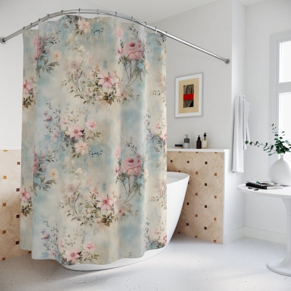 Pink Rose Shabby Chic Shower Curtains, Vintage Inspired Whimsical Flower Design, Girly Botanical Bathroom Accessory, French Farmhouse