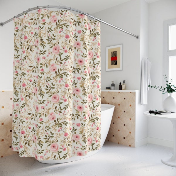 Coquette Aesthetic Pink Rose Shabby Chic Shower Curtains, Whimsical Flower Design, Girly Botanical Bathroom Accessory, French Farmhouse