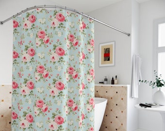 Romantische hellblaue Shabby-Chic-Duschvorhänge, rosa und weiße Kohlrose, mädchenhafte Badezimmerdekoration, französisches Land, kokette Ästhetik