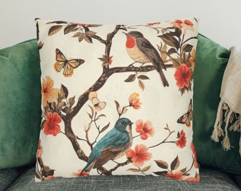 Floral Bird Square Pillowcase, Gift for Bird Lover, Forest Birds Decorative Pillows for Couch, Botanical Accent PIllow Covers, 18x18, 20x20