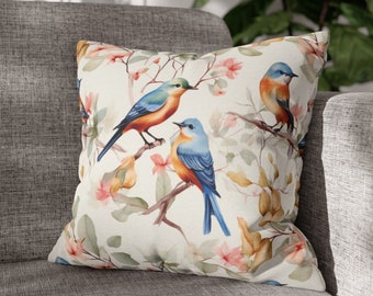 Floral Bird Square Pillowcase, Gift for Bird Lover, Forest Birds Decorative Pillows for Couch, Botanical Accent PIllow Covers, 18x18, 20x20