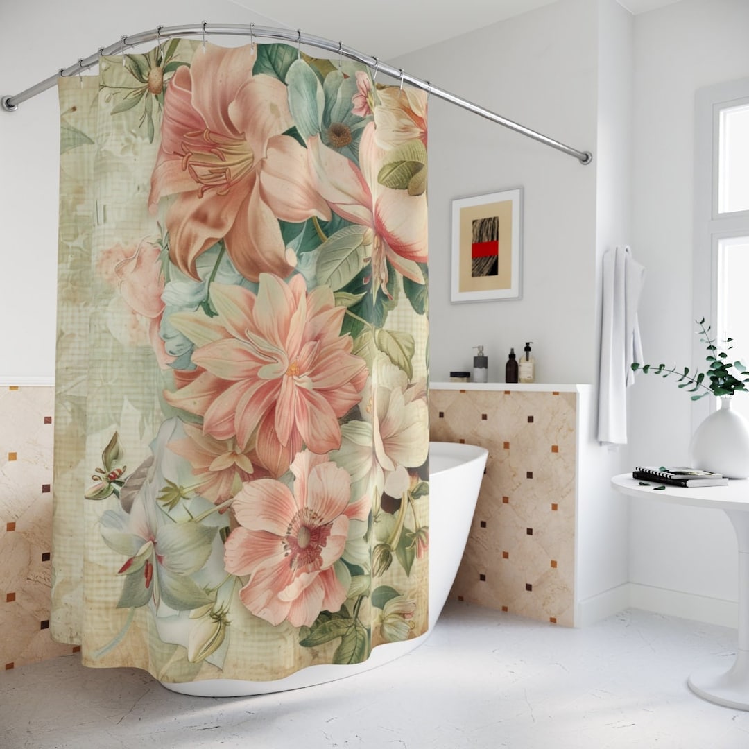 Bold Floral Shabby Chic Shower Curtains, Vintage Inspired Dusty Pink ...