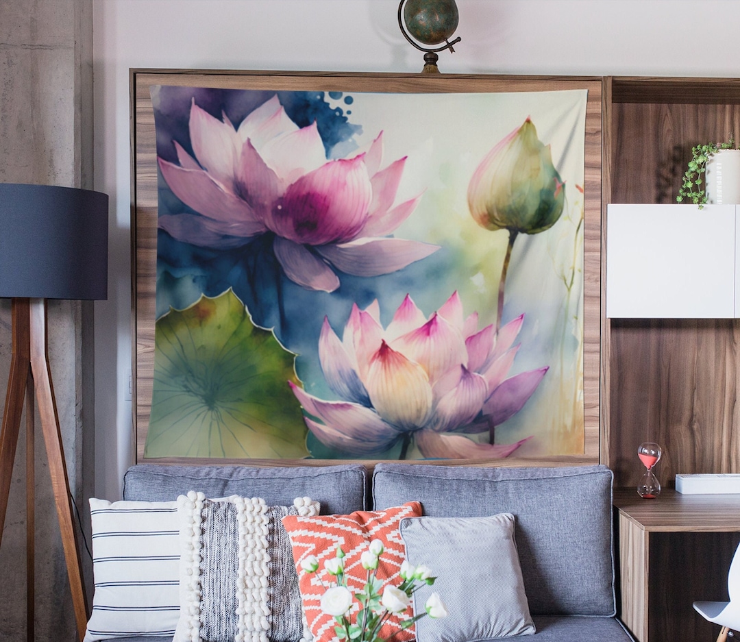 Floral Wall Art Lotus Flower Watercolor Tapestry Botanical Wall Decor ...