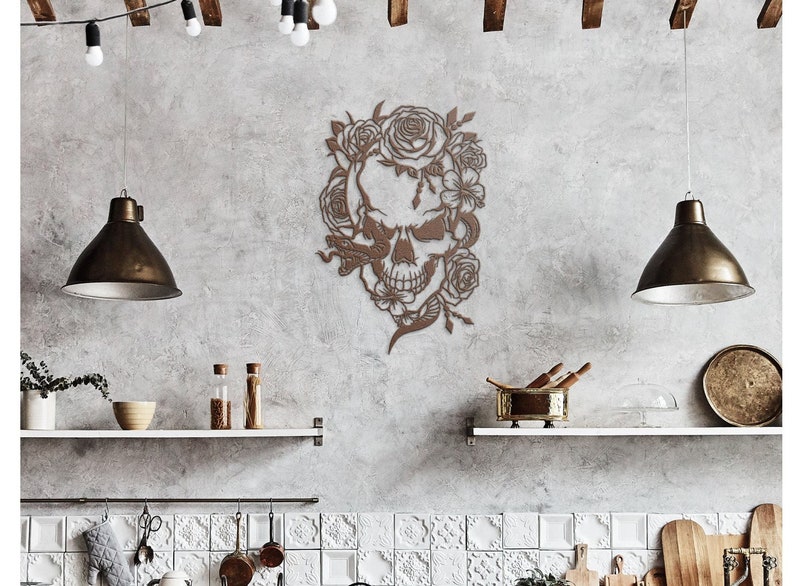 Human Skull Decor Skull Metal Sign Goth Wall Art Decorated Etsy