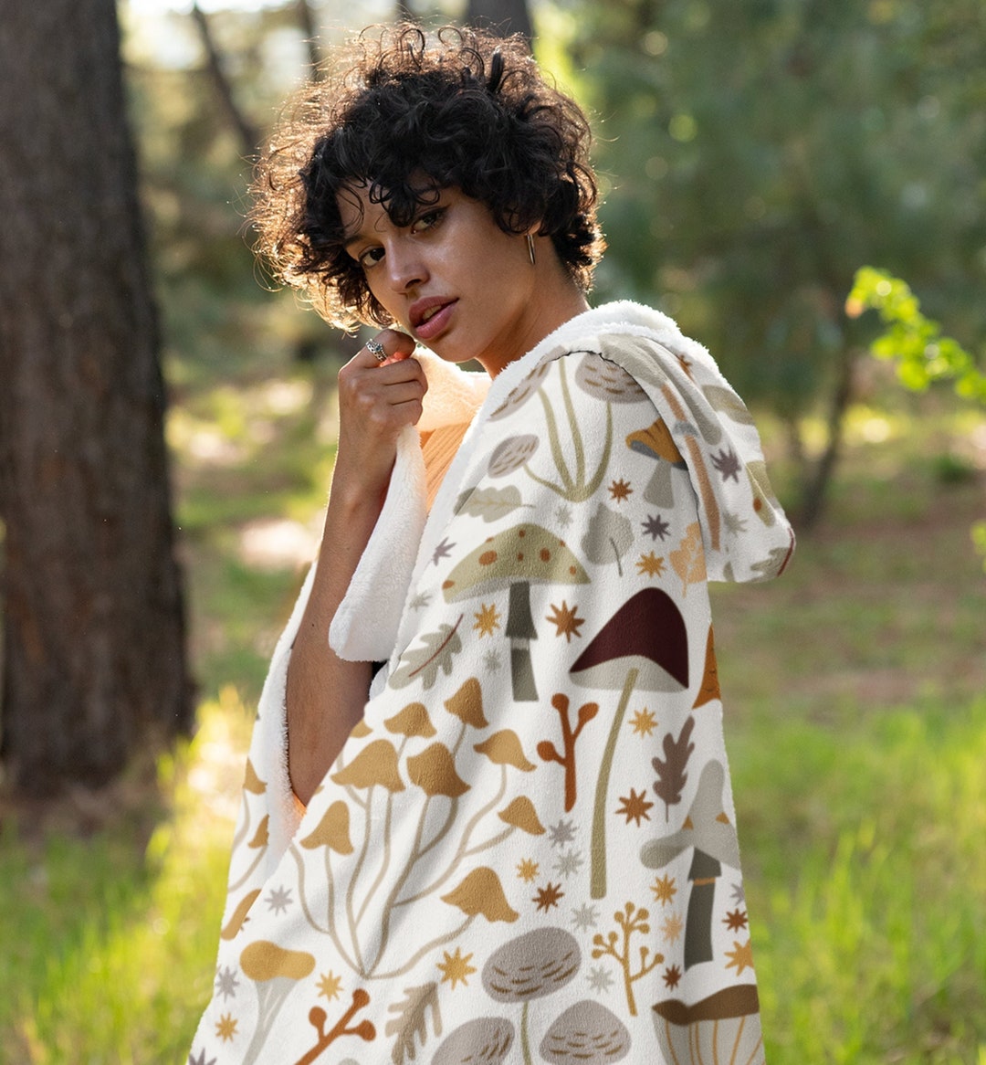 Oversized Hooded Blanket, Ivory Midcentury Modern Mushroom Hoodie