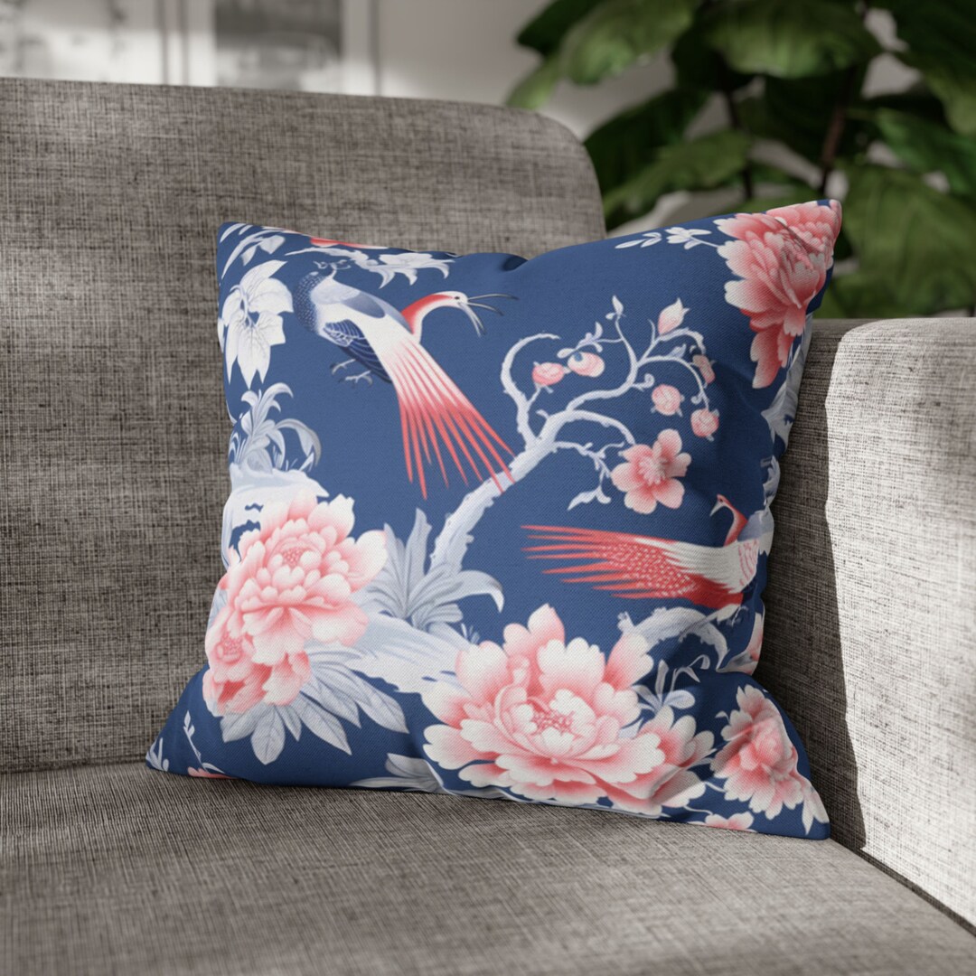 Blue Chinoiserie Pillow Chinoiserie Pillow Cover Pink Coral Etsy