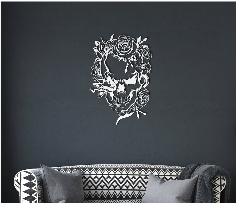 Human Skull Decor Skull Metal Sign Goth Wall Art Decorated Etsy