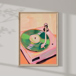 May include: A painting of a vintage record player with a green vinyl record on the turntable. The record player is pink and has a black needle arm. The background is a light orange color.