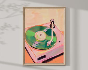 May include: A painting of a vintage record player with a green vinyl record on the turntable. The record player is pink and has a black needle arm. The background is a light orange colour.