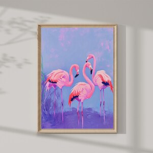 Pink Flamingos Painting | Beach House Wall Art Print | Digital Download Portrait | Pink Coastal Summer Printable - wall decor print
