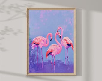May include: A painting of three pink flamingos standing on a purple background. The flamingos are in a group, with their necks bent and their heads close together. The painting is done in a loose, impressionistic style.