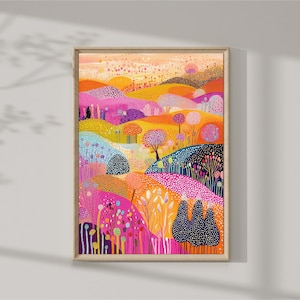 Puede incluir: Una pintura abstracta colorida de un paisaje con colinas, árboles y flores. La pintura está realizada en un estilo brillante y caprichoso con una mezcla de colores rosa, naranja, amarillo, azul y verde.