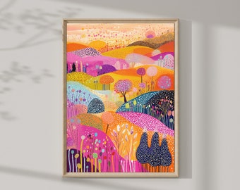 Flower Garden Illustration Colorful Scenery Wall Art Summer Bright Vibrant Print Printable Digital Floral Botanical Drawing Patchwork Art