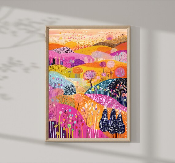 Flower Garden Illustration Colorful Scenery Wall Art Summer Bright Vibrant Print Printable Digital Floral Botanical Drawing Patchwork Art