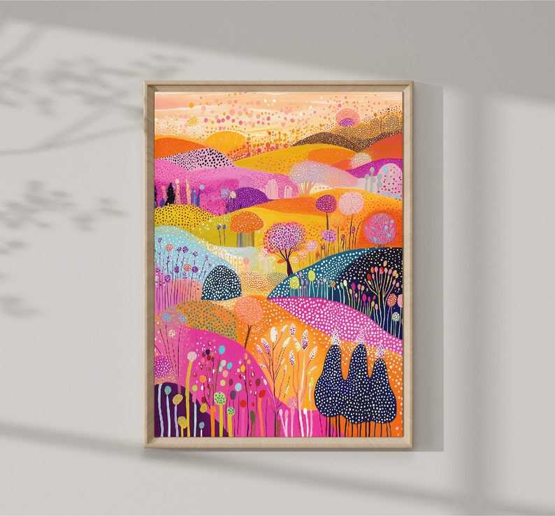 May include: A colourful abstract painting of a landscape with hills, trees, and flowers. The painting is done in a bright, whimsical style with a mix of pink, orange, yellow, blue, and green colours.