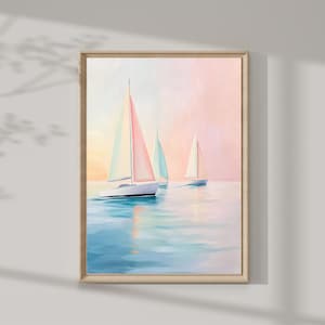 Colorful and Pink Sailboats Painting | Sea Art Print | Coastal Wall Decor | Beach House Print | Ocean Landscape | Seashore Digital Download