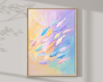 パステル画の魚：ガーリーな水彩画風の海岸アート（デジタル