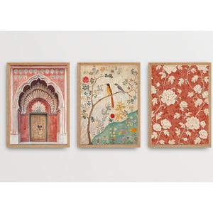 Pack de 3 Poster de arte persa con pájaros, puerta india decor y estampado boho, Decoración de Pared Boho para Dormitorio - Arte Imprimible