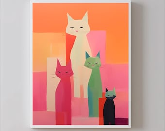 Colorful Minimalist Cat Digital Art Print for Bedroom, Kitchen or Living Room | Modern Pop Poster Download | Fun Feline Wall Decor