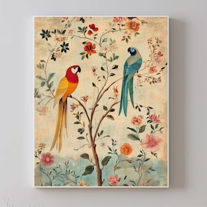 Traditional Persian Art Illustration with parrots | Above bed Wall Art - Trendy Art - living decor print