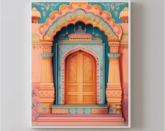 May include: A colourful illustration of a decorative doorway with intricate details. The doorway is adorned with a blue, pink and yellow archway, and the door itself is a rich golden brown with intricate carvings. The doorway is framed by two columns with decorative details.