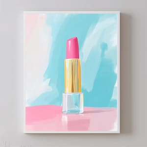 Modern Glam Pink Lipstick Wall Art Print, Makeup Aesthetic Poster for Beauty Room Decor, Fashion Illustration Art for Vanity Space