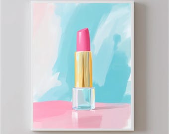 Modern Glam Pink Lipstick Wall Art Print, Makeup Aesthetic Poster for Beauty Room Decor, Fashion Illustration Art for Vanity Space
