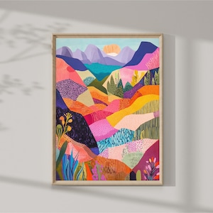 Puede incluir: Pintura abstracta de paisaje con un diseño geométrico colorido. La pintura presenta una variedad de colores, incluyendo rosa, azul, verde, amarillo y naranja. La pintura está enmarcada en un marco de madera.